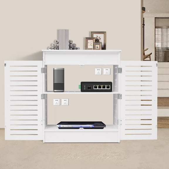 Router Storage Cabinet, 2-Tier WiFi Router Cabinet with Perforated Door for Heat Dissipation, 23.6" Modern Media Console for Set-Top Box Game Console, PVC Freestanding for Living Room