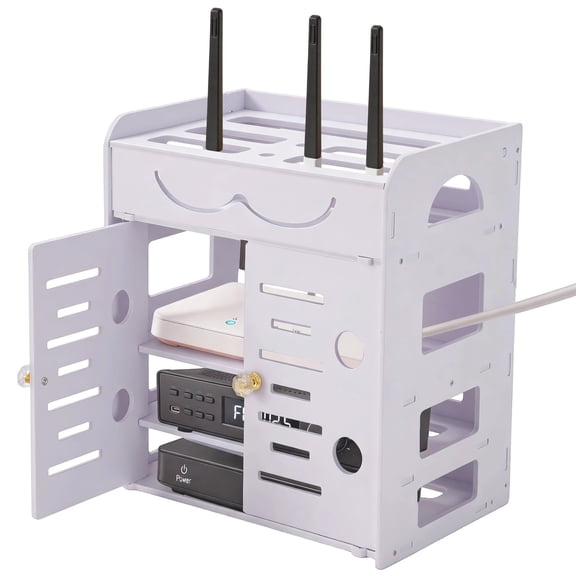 WIFI Router Storage Box, 4-tier Router Shelf with Double Door, Cable Large Management Rack for Modem, Set Top Box, Power Strip, and Accessories, Home TV Desktop Organizer