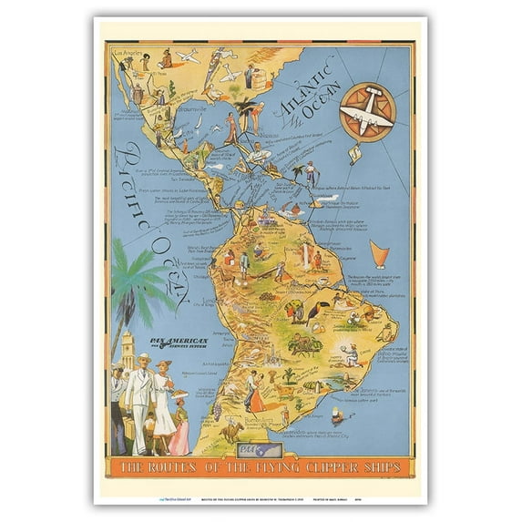 The Routes of the Flying Clipper Ships - Vintage Airline Travel Poster by Kenneth W. Thompson c.1935 - Master Art Print (Unframed) 13in x 19in