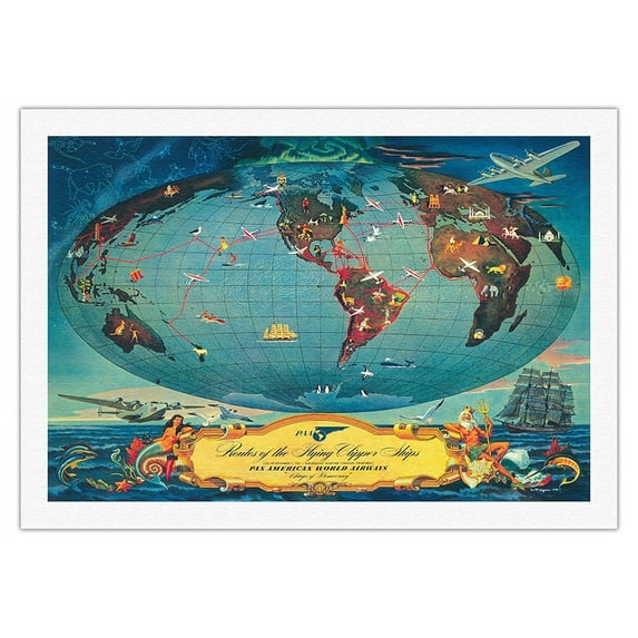 Routes of the Flying Clipper Ships - Pan American World Airways (PAA) - Vintage Airline Travel Poster by L. Helguera c.1945 - Fine Art Rolled Canvas Print 27in x 40in