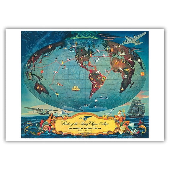 Routes of the Flying Clipper Ships - Pan American World Airways (PAA) - Vintage Airline Travel Poster by L. Helguera c.1945 - Master Art Print 10in x 14in