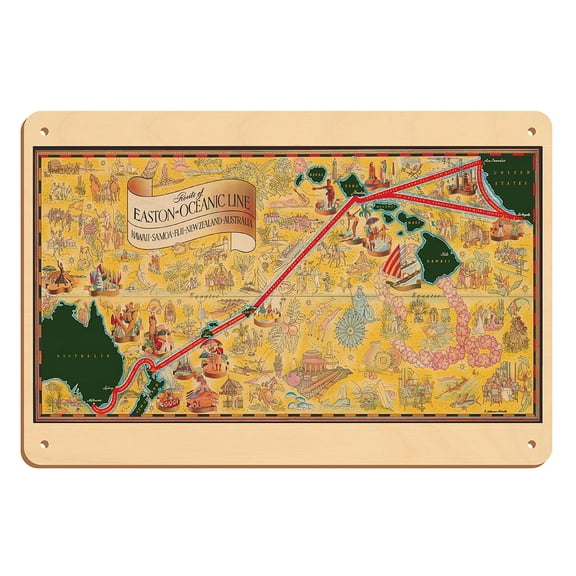 Routes of Oceanic Line - Hawaii Samoa Fiji New Zealand Australia - Vintage Pictorial Map by Ewart Melbourne Brindle c.1938 - 8 x 12 inch Vintage Wood Art Sign