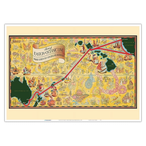 Routes of Oceanic Line - Hawaii Samoa Fiji New Zealand Australia - Vintage Pictorial Map by Ewart Melbourne Brindle c.1938 - Master Art Print 10in x 14in