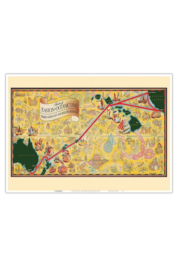 Routes of Oceanic Line - Hawaii Samoa Fiji New Zealand Australia - Vintage Pictorial Map by Ewart Melbourne Brindle c.1938 - Master Art Print 10in x 14in