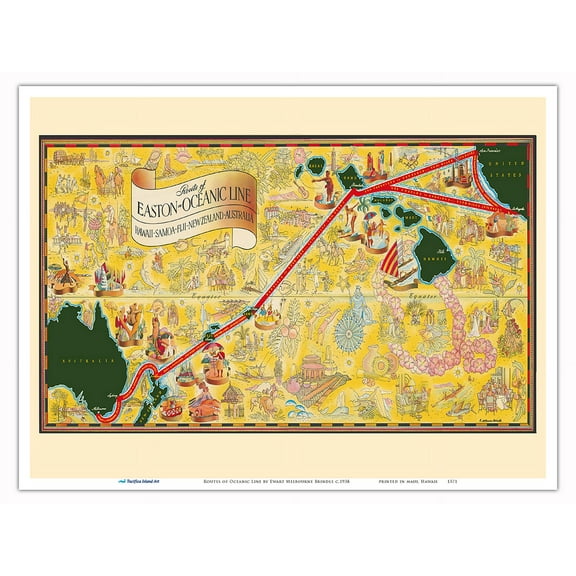 Routes of Oceanic Line - Hawaii Samoa Fiji New Zealand Australia - Vintage Pictorial Map by Ewart Melbourne Brindle c.1938 - Master Art Print (Unframed) 9in x 12in
