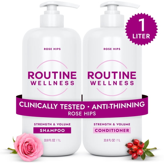 Routine Wellness 1 Liter Shampoo & Conditioner Set - Strengthening & Volumizing for Thinning Hair - Promotes Full, Voluminous, Healthy Hair - 1 Liter Rose Hips Set
