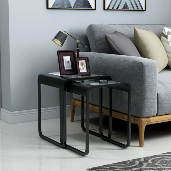 Roux Glass Top 2-Piece Nesting Table Set, Black Bronze