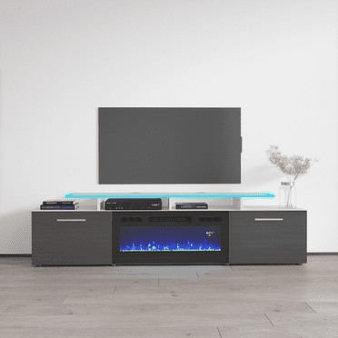 Rova BL-EF Fireplace TV Stand for TVs up to 85", Modern High Gloss 75" Entertainment Center, Electric Fireplace TV Media Console with Storage Cabinets and LED Lights