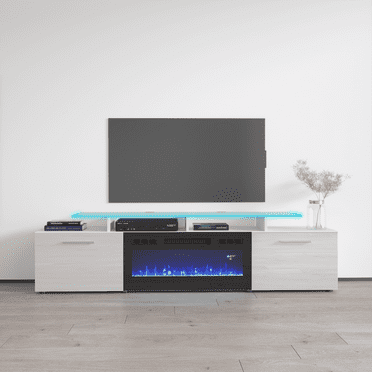 Rova BL-EF Fireplace TV Stand for TVs up to 85", Modern High Gloss 75" Entertainment Center, Electric Fireplace TV Media Console with Storage Cabinets and LED Lights