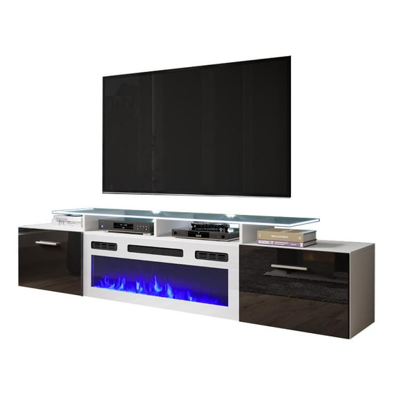 Rova WH-EF Fireplace TV Stand for TVs up to 85", Modern High Gloss 75" Entertainment Center, Electric Fireplace TV Media Console with Storage Cabinets and LED Lights