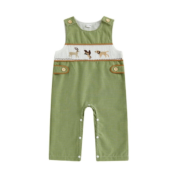 Rovasas Baby Animal Embroidery Overall Romper Plaid Sleeveless Infant Jumpsuit