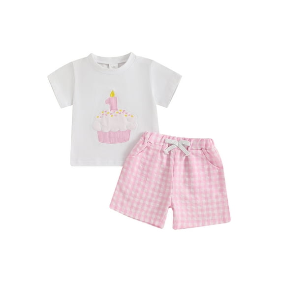 Rovasas Baby Birthday Outfit, Embroidery Cupcake Number T-shirt Plaid Shorts