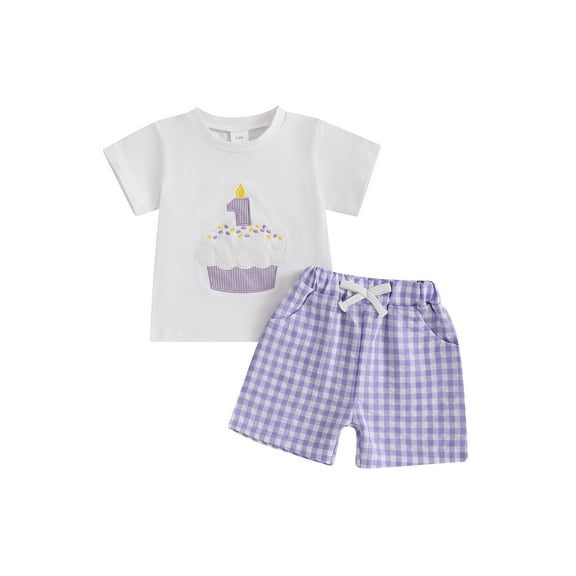 Rovasas Baby Birthday Outfit, Embroidery Cupcake Number T-shirt Plaid Shorts