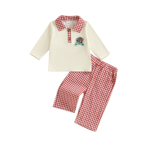 Rovasas Baby Boy Christmas Outfits Long Sleeve Lapel Collar Tops + Plaid Pants