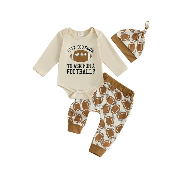 Rovasas Baby Boy Fall Clothes Footabll Long Sleeve Romper Pants Knotted Hat