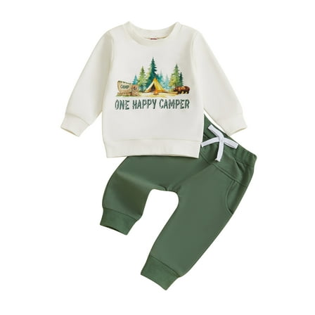 Rovasas Baby Boy Fall Outfit Camping Print Sweatshirt with Pants 2 Pcs Set