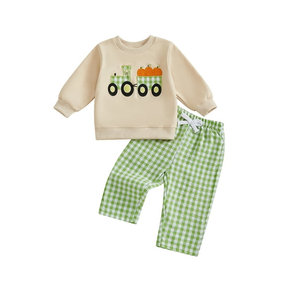 Rovasas Baby Boy Fall Outfits Pumpkin Truck Embroidery Sweatshirt   Pants