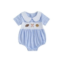 Rovasas Baby Boy Plaid Romper Football Embroidery Short Sleeve Jumpsuit
