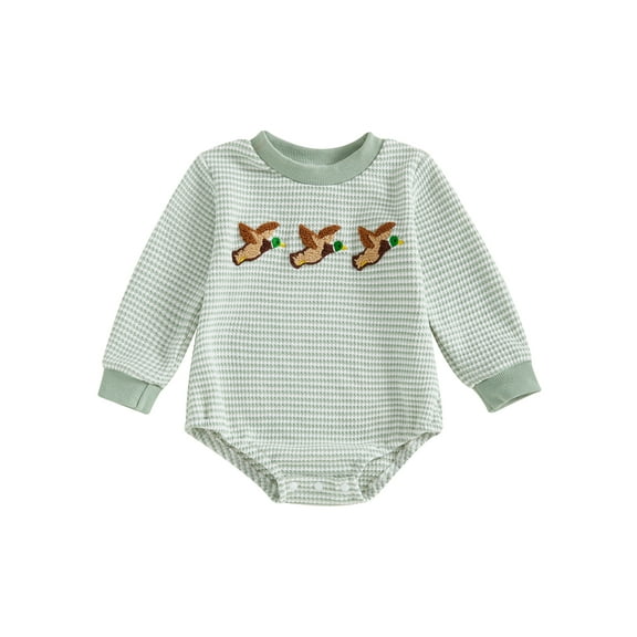 Rovasas Baby Boy Romper Long Sleeve Round Neck Duck Embroidery Bodysuit