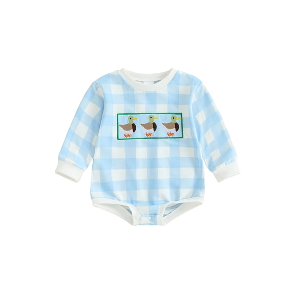 Rovasas Baby Boy Romper Long Sleeve Round Neck Duck Embroidery Plaid Bodysuit