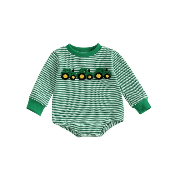 Rovasas Baby Boy Romper Stripe Tractor Embroidery Long Sleeve Jumpsuit