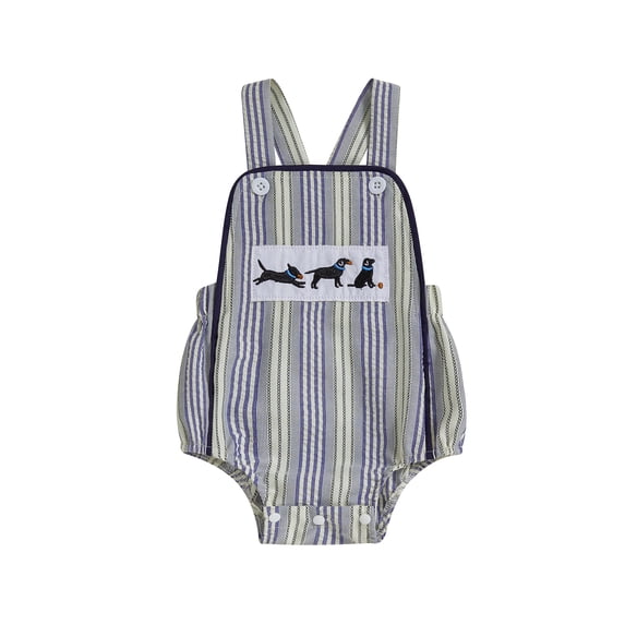 Rovasas Baby Boy Striped Overalls Romper Dog Embroidered Sleeveless Bodysuit