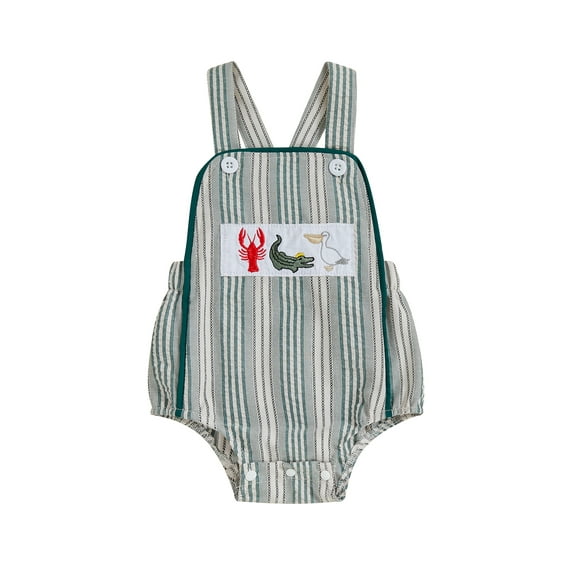 Rovasas Baby Boy Striped Overalls Romper Dog Embroidered Sleeveless Bodysuit