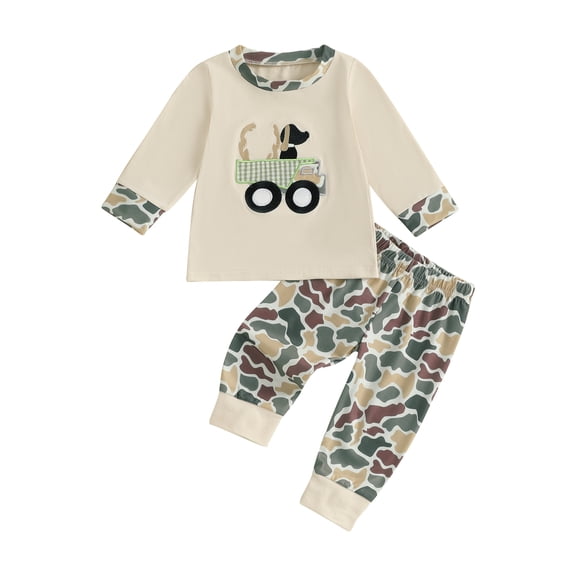 Rovasas Baby Boys Pants Set, Embroidery Excavator Sweatshirt Camouflage Pants