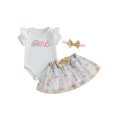 thumbnail image 1 of Rovasas Baby Girl 1st Birthday Outfit Short Sleeve Romper Rainbow Skirt Bow, 1 of 9
