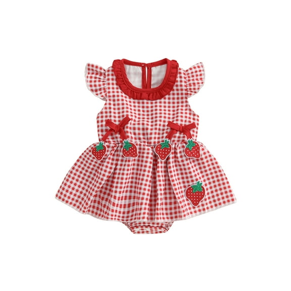 Rovasas Baby Girl Dress, Fly Sleeve Crew Neck Strawberry Plaid Dress
