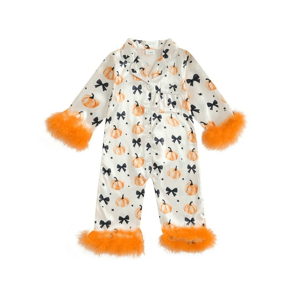 Rovasas Baby Girl Fall Romper Long Sleeve Pumpkin Print Jumpsuit Pajamas
