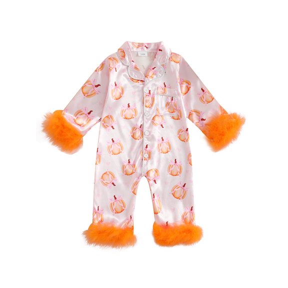Rovasas Baby Girl Fall Romper Long Sleeve Pumpkin Print Jumpsuit Pajamas