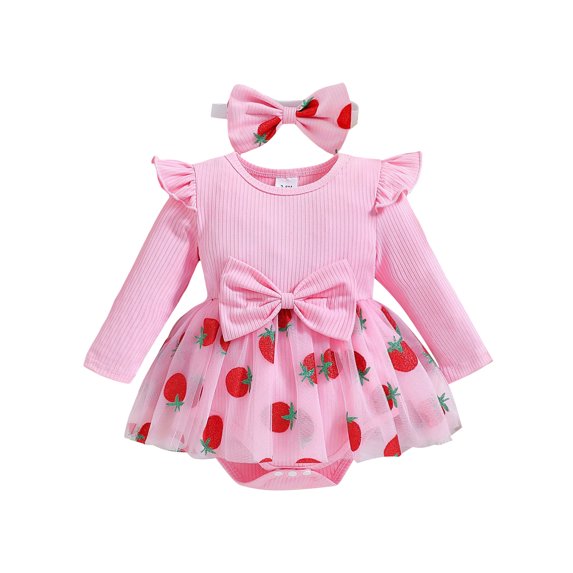 Rovasas Baby Girl Outfits Long Sleeve Strawberry Print Romper with Headband