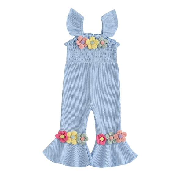 Rovasas Baby Girl Overalls Romper Crochet Flowers Fly Sleeves Flared Jumpsuit
