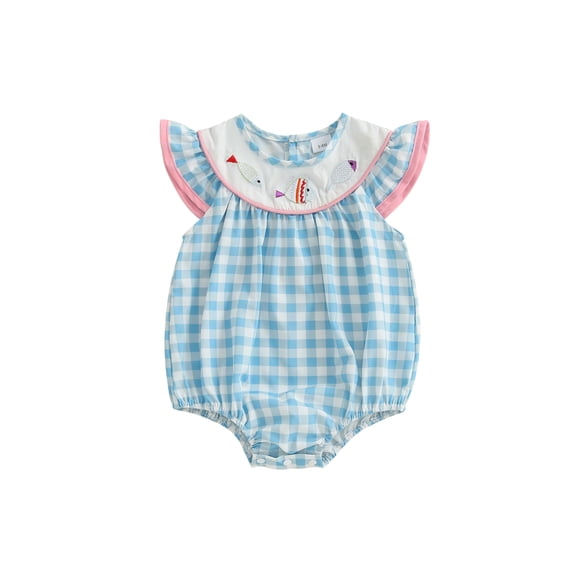 Rovasas Baby Girl Plaid Romper Fish Embroidered Flying Sleeve Bodysuit
