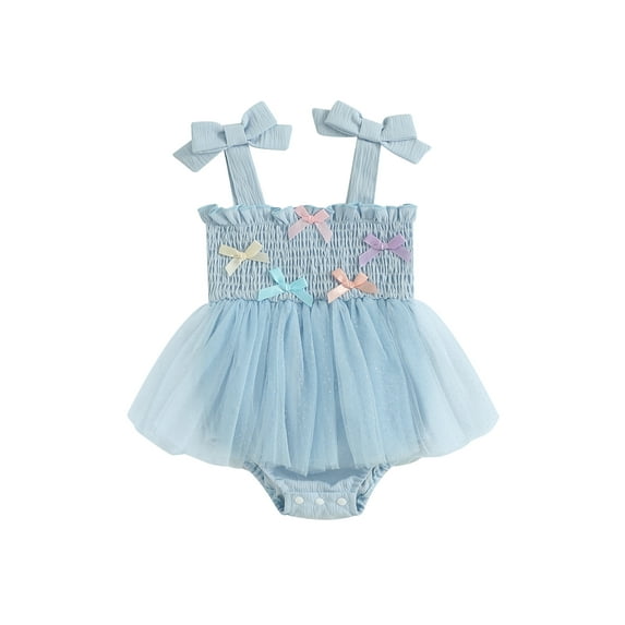 Rovasas Baby Girl Romper Dress Bows Smocked Sleeveless Infant Mesh Dress