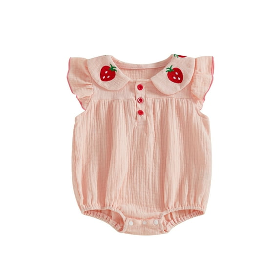 Rovasas Baby Girl Romper Flutter Sleeve Strawberry Embroidery Jumpsuit