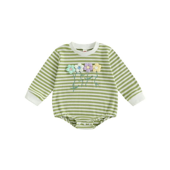 Rovasas Baby Girl Romper Long Sleeve Flower Stripes Print Bodysuit