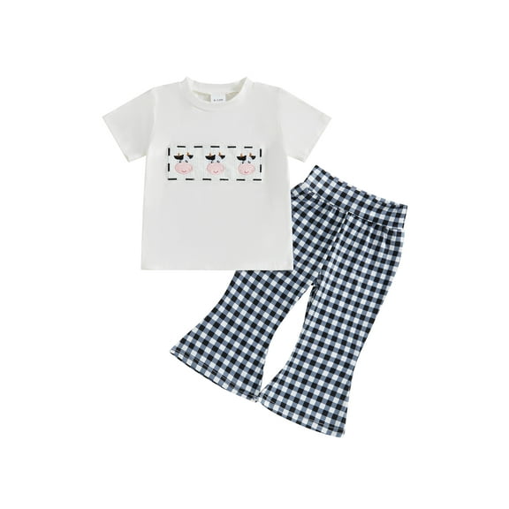 Rovasas Baby Girl Western Outfits Short Sleeve Tops   Plaid Flare Pants