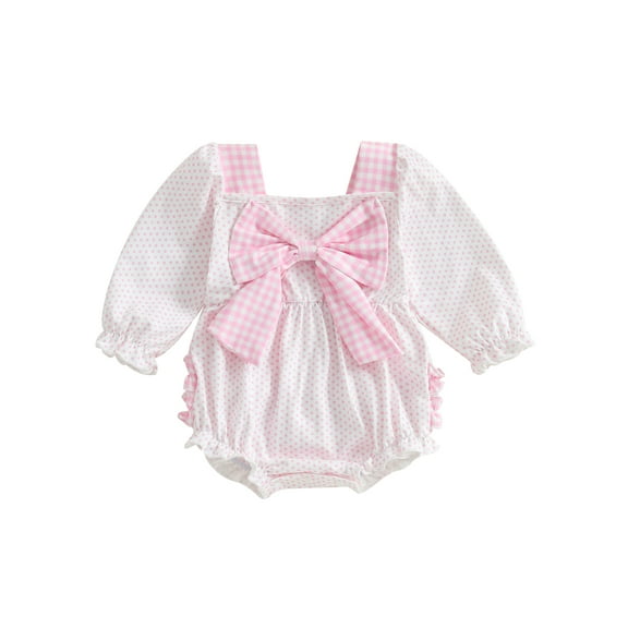 Rovasas Baby Girls Casual Romper Dot Print Plaid Bow Long Sleeve Jumpsuits