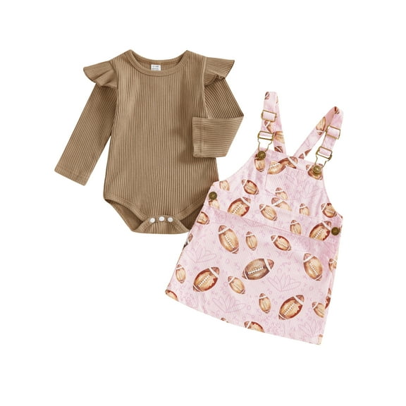 Rovasas Baby Girls Fall Outfits Romper + Football Print Overall Dress