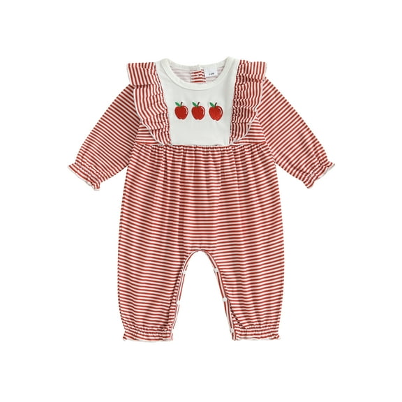 Rovasas Baby Girls Romper Apple/Duck Embroidery Striped Long Sleeve Jumpsuits