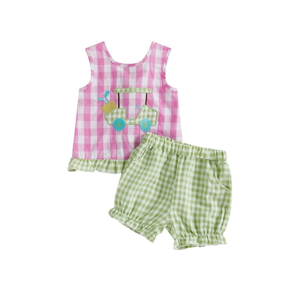 Rovasas Baby Girls Shorts Set Embroidery Golf Cart Tank Top with Plaid Shorts