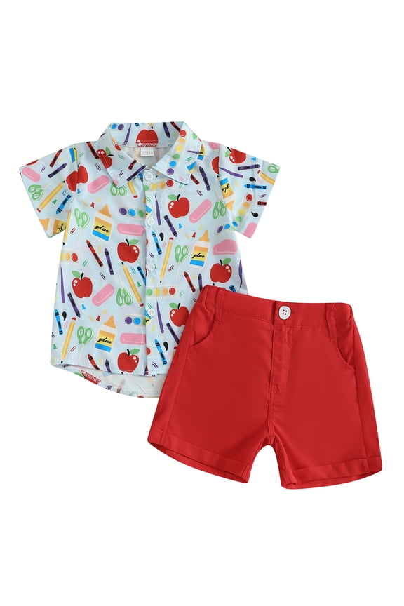 Boy Back to School Outfit Apple Short Sleeve Shirt Solid Shorts