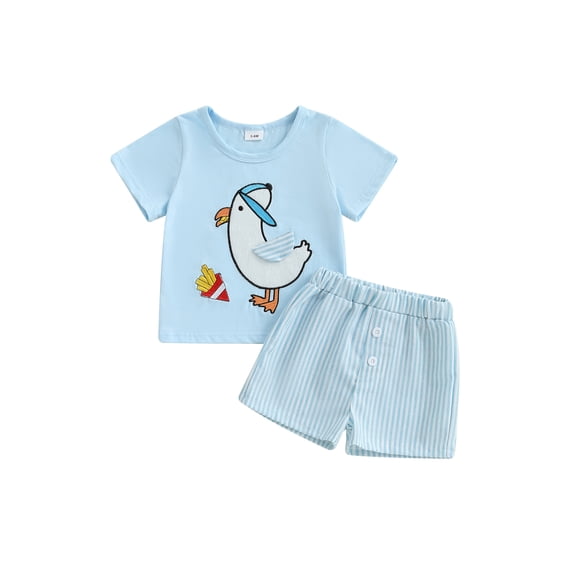 Rovasas Boy Outfit Cartoon Embroidery Short Sleeve T-Shirt + Stripe Shorts