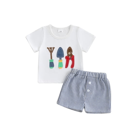 Rovasas Boy Outfit Cartoon Embroidery Short Sleeve T-Shirt + Stripe Shorts