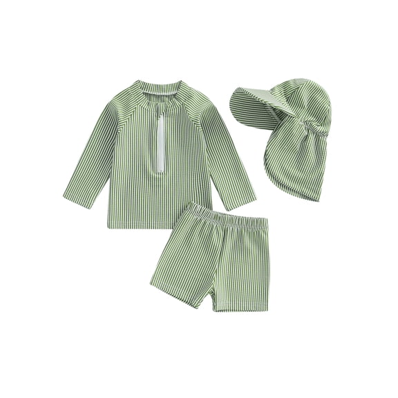 Rovasas Boy Rash Guard Swimsuit Stripe Long Sleeve Mock Neck Tops Shorts Hat