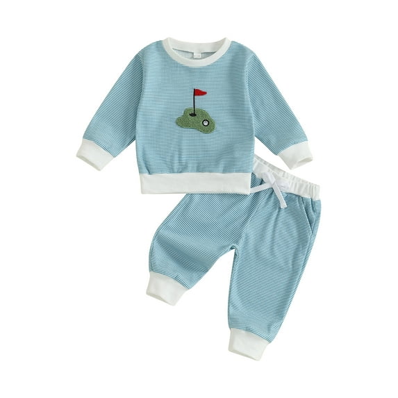 Rovasas Boy Stripe Fall Set Golf Embroidery Long Sleeve Pullover Bow Pants