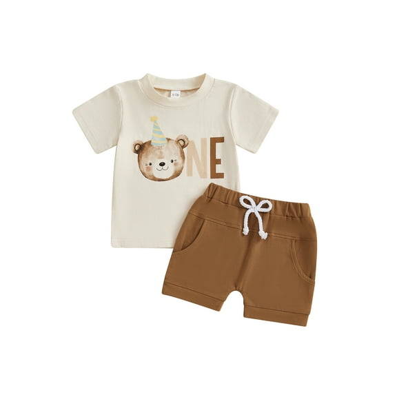 Rovasas Boys Birthday Shorts Sets Letter Bear Print Tops and Drawstring Shorts