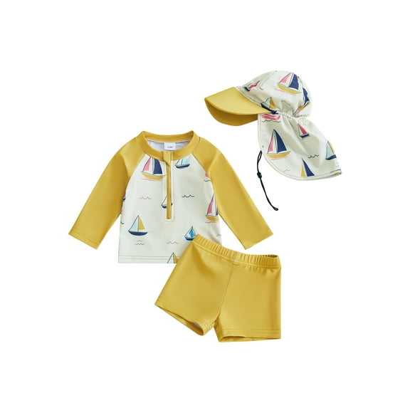 Rovasas Boys Rash Guard Swimsuit Sailboat Print Long Sleeve Tops Shorts Hat